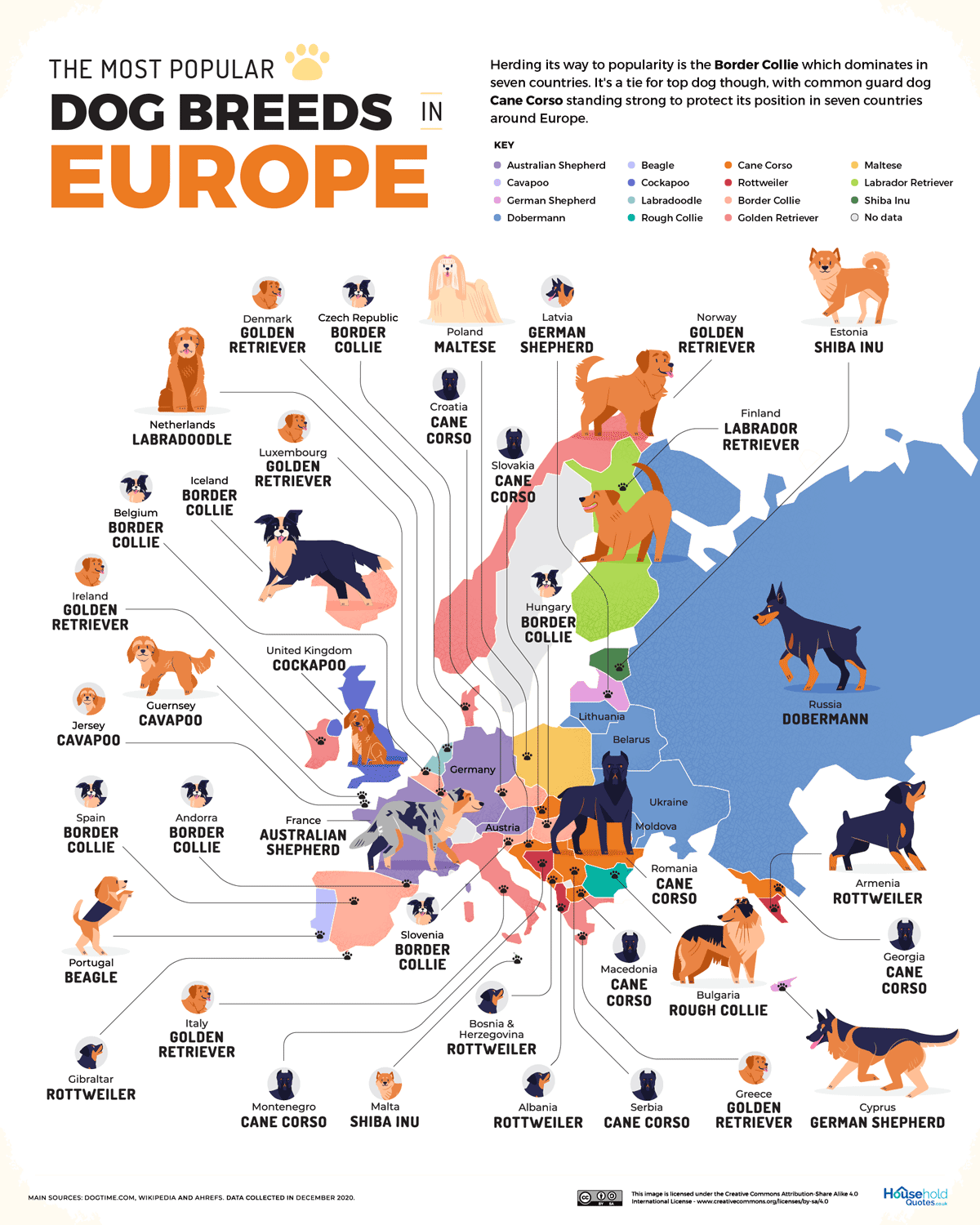 Самые популярные породы собак в Европе, карта